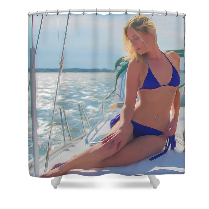 Blonde Shower Curtain featuring the photograph Blonde on a yacht water color by Alan Goldberg