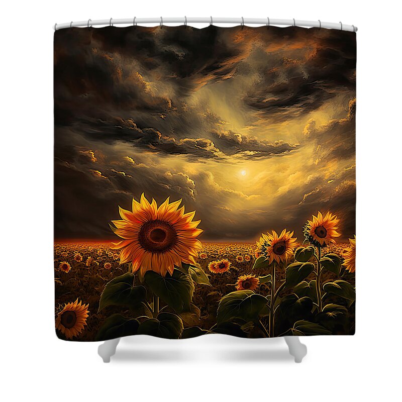 Sun Flower Shower Curtain featuring the painting Bloom In Gloom- Sunflower Art by Lourry Legarde