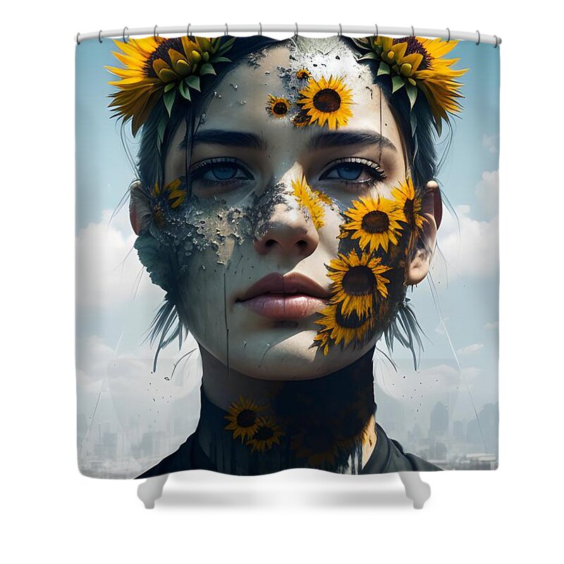 Surreal Woman Shower Curtain featuring the mixed media Blooming Dreams - Surreal Woman Surrounded by Sunflowers by Artvizual