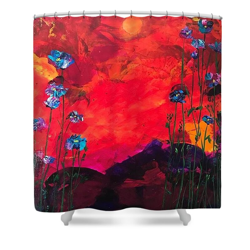 Abstract Shower Curtain featuring the painting Blooms Against Blazing Sky by Deborah Naves