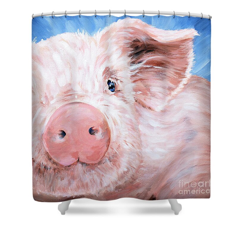 Pig Shower Curtain featuring the painting Blossom - Pink Pig by Annie Troe