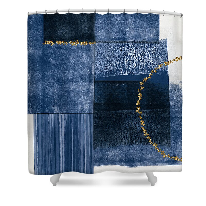 Abstract Shower Curtain featuring the mixed media Blue and Gold 2- Art by Linda Woods by Linda Woods