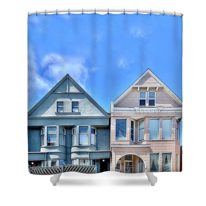  Shower Curtain featuring the photograph Blue And Pink Houses by Julie Gebhardt