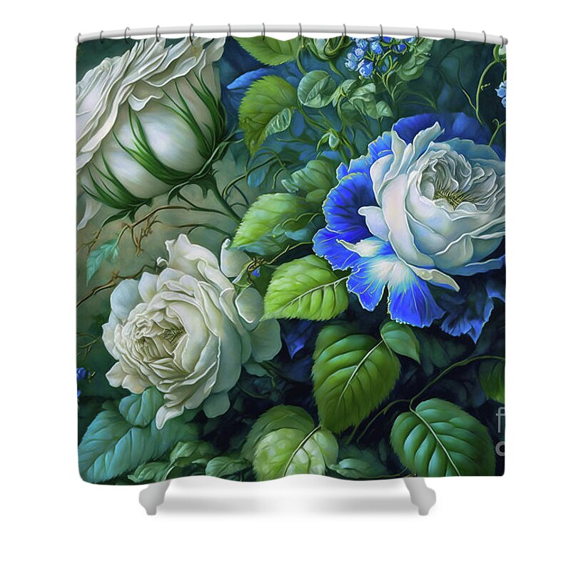 White Roses Shower Curtain featuring the painting Blue And White Roses by Tina LeCour