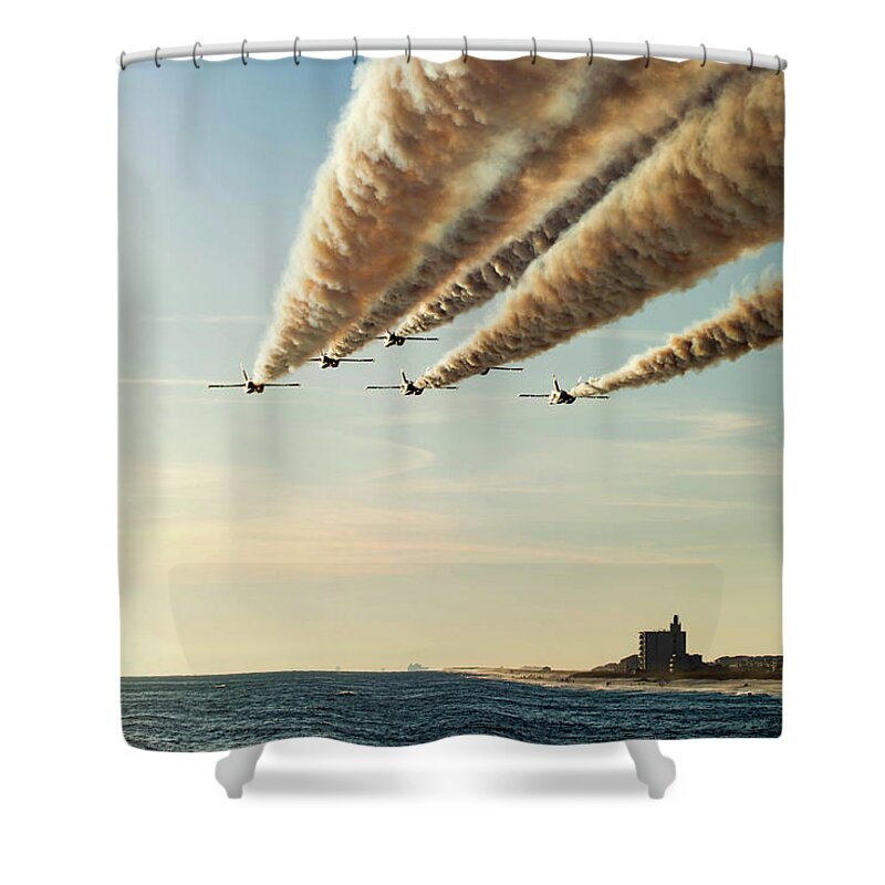 Blue Angels Shower Curtain featuring the photograph Blue Angels over Pensacola Beach, Florida Pier by Beachtown Views
