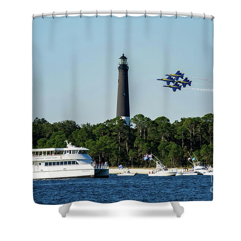 Blue Angels Shower Curtain featuring the photograph Blue Angels over Pensacola Lighthouse and Ferry by Beachtown Views