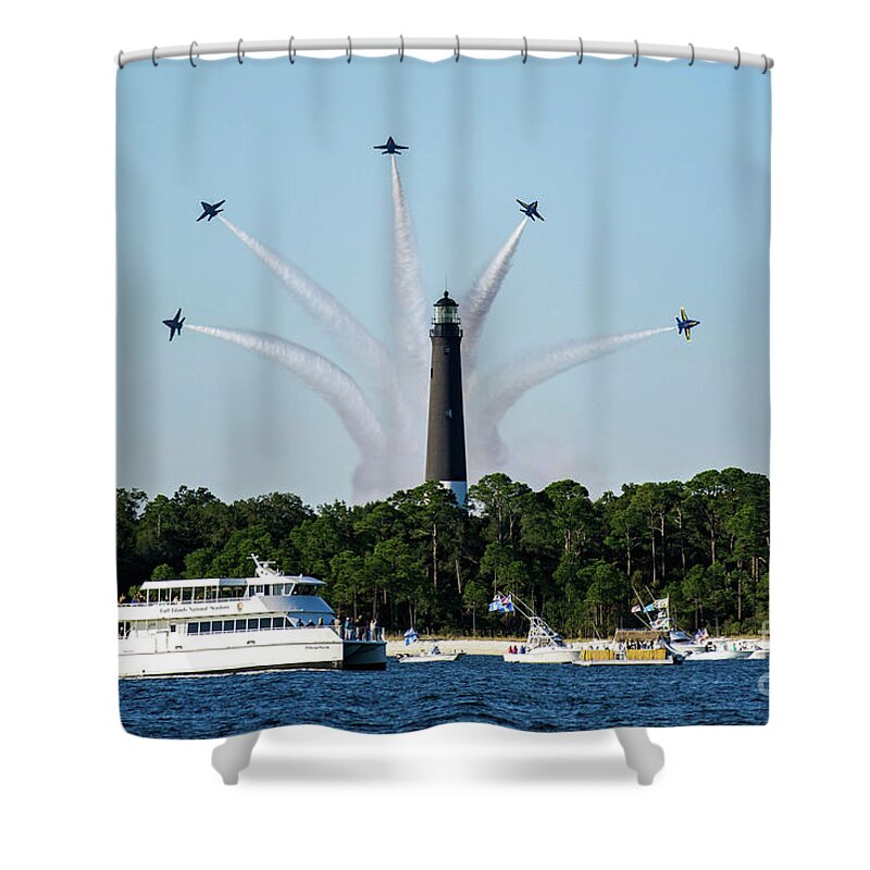 Blue Angels Shower Curtain featuring the photograph Blue Angels over Pensacola Lighthouse by Beachtown Views