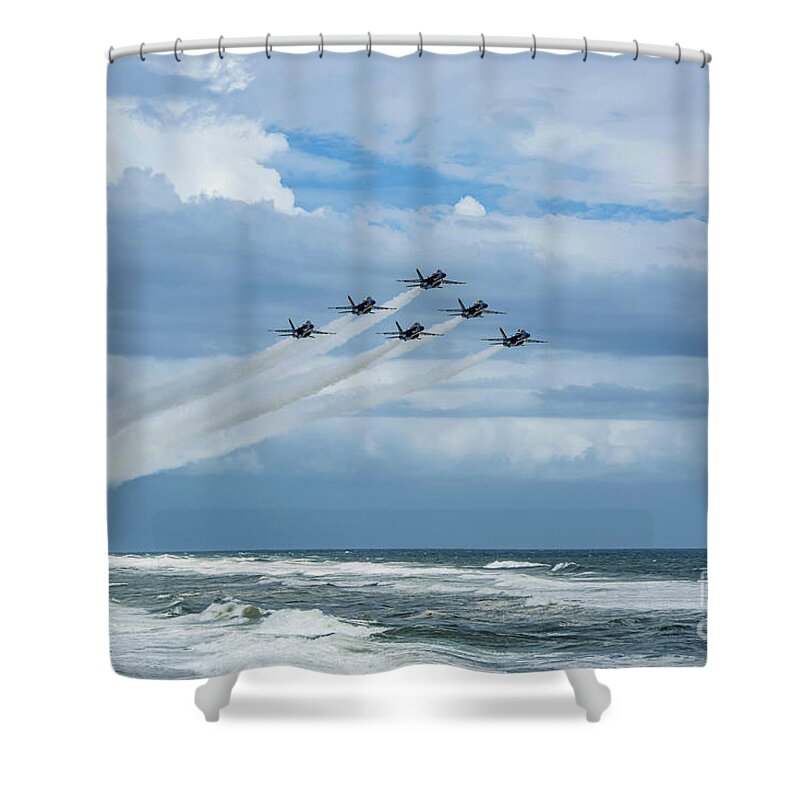 Blue Angels Shower Curtain featuring the photograph Blue Angels over the Gulf of Mexico by Beachtown Views