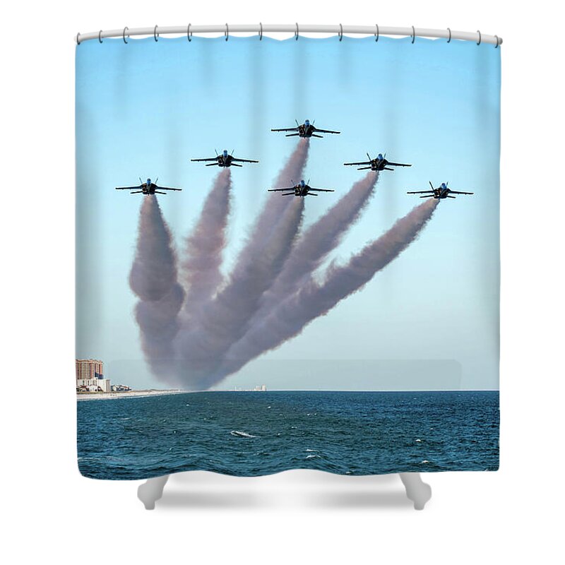 Blue Shower Curtain featuring the photograph Blue Angels Pensacola Beach Fishing Pier Flyover by Beachtown Views