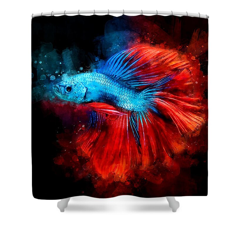 Blue Betta Fish with Red Tail watercolor in black background Shower Curtain  by SP JE Art - Pixels