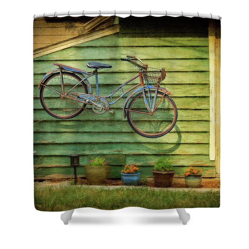 Aib_2022 #2551 Shower Curtain featuring the photograph Blue Bicycle on the Wall by Craig J Satterlee