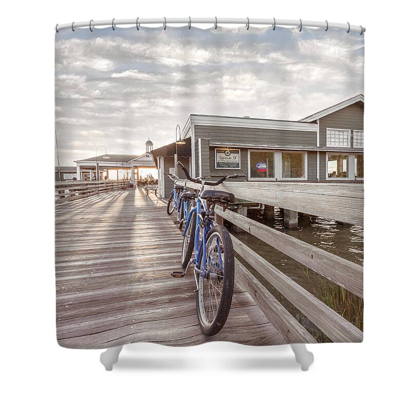 Clouds Shower Curtain featuring the photograph Blue Bicycles on the Jekyll Island Beach Boardwalk Pier by Debra and Dave Vanderlaan