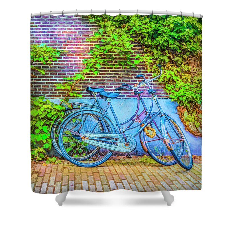 Fall Shower Curtain featuring the photograph Blue Bicycles on the Sidewalk by Debra and Dave Vanderlaan