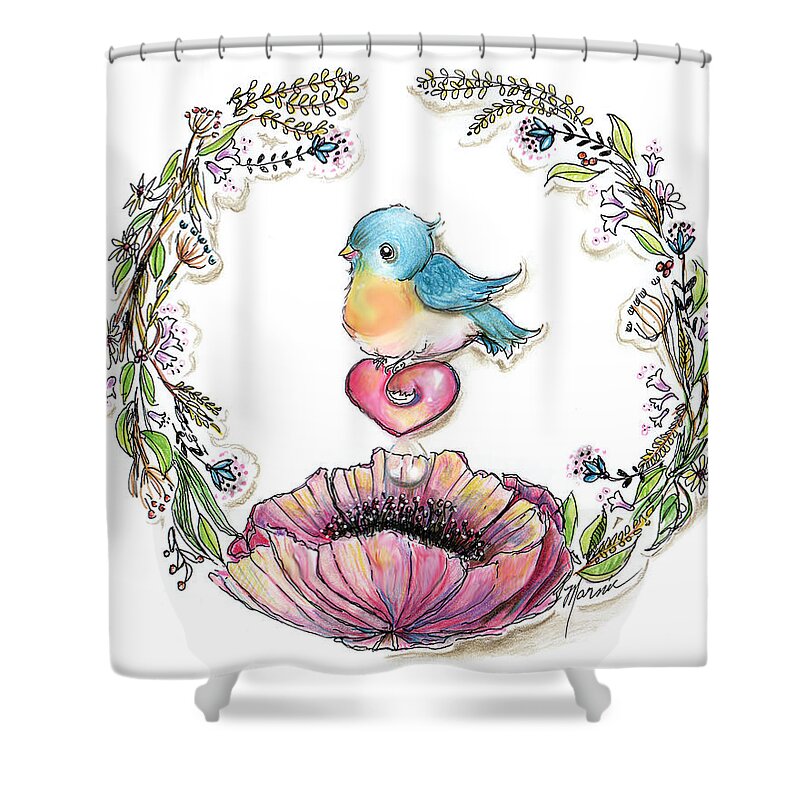 Blue Bird Shower Curtain featuring the drawing Blue Bird Wreath by Marnie Clark