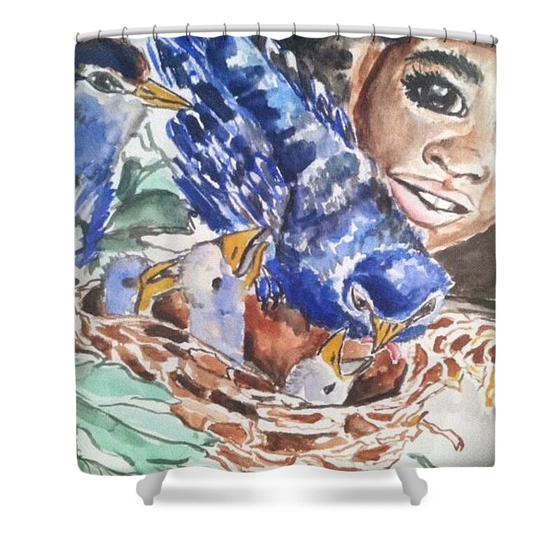  Shower Curtain featuring the painting Blue Birds by Angie ONeal
