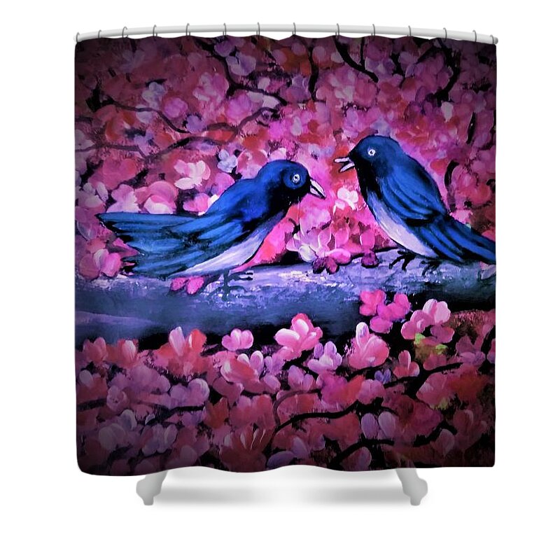 Bird Shower Curtain featuring the painting Blue birds in spring by Tara Krishna