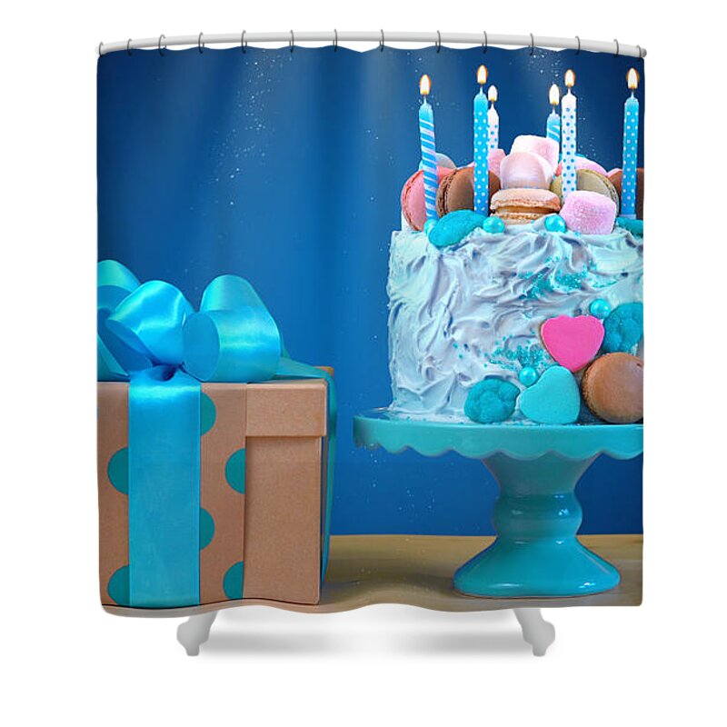 Anniversary Shower Curtain featuring the photograph Blue birthday celebration showstopper cake by Milleflore Images