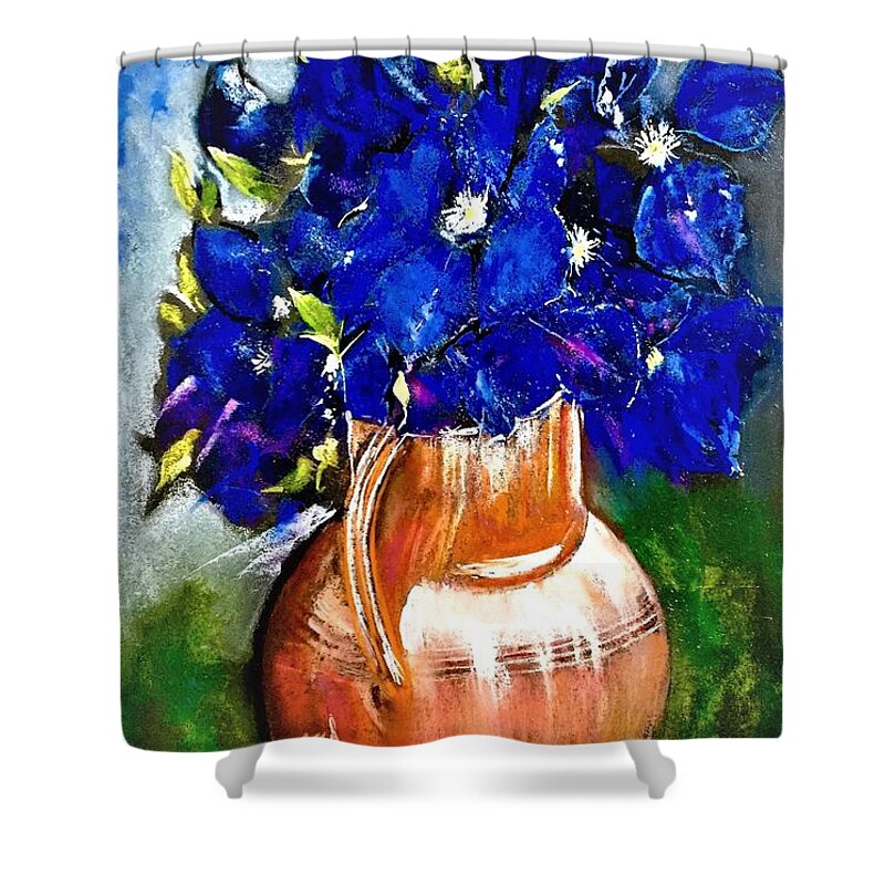 Flower Shower Curtain featuring the pastel Blue bunch in vase. by Khalid Saeed