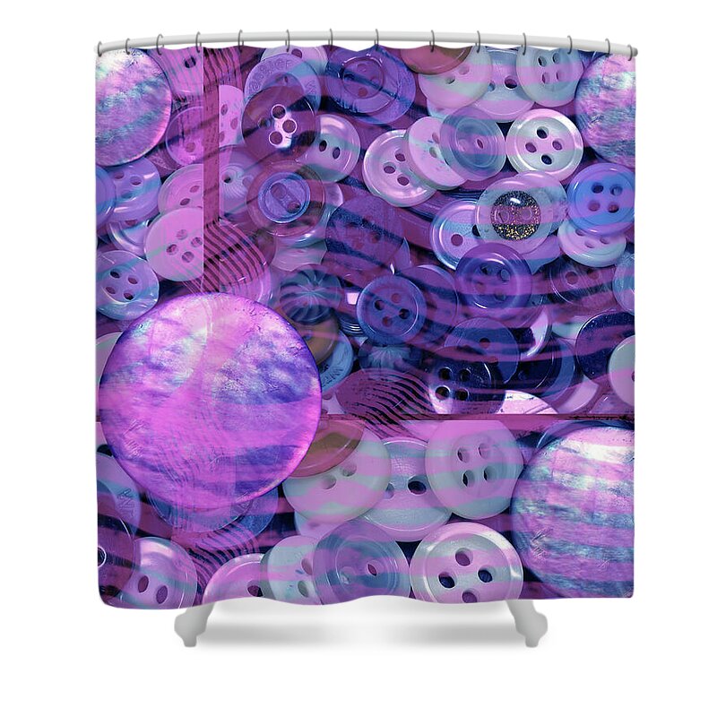 Art Of The Button Shower Curtain featuring the mixed media Blue Button Abstract by Lorena Cassady