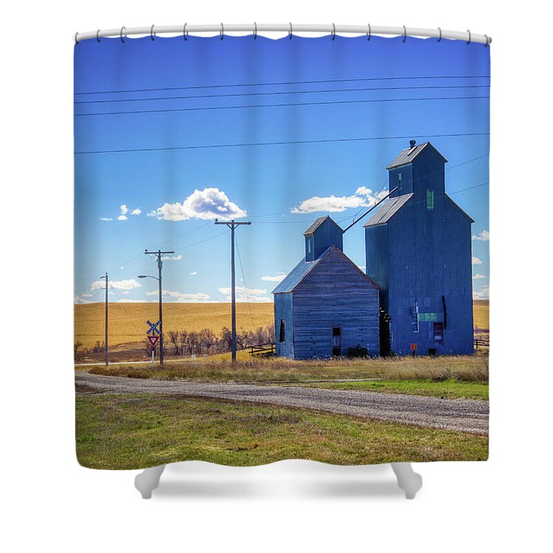 Blue Shower Curtain featuring the photograph Blue classic grain elevators by Tatiana Travelways