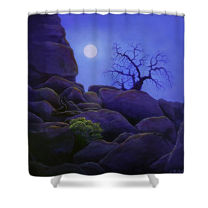 Kim Mcclinton Shower Curtain featuring the painting Ghost Tree in Blue Desert Moon by Kim McClinton