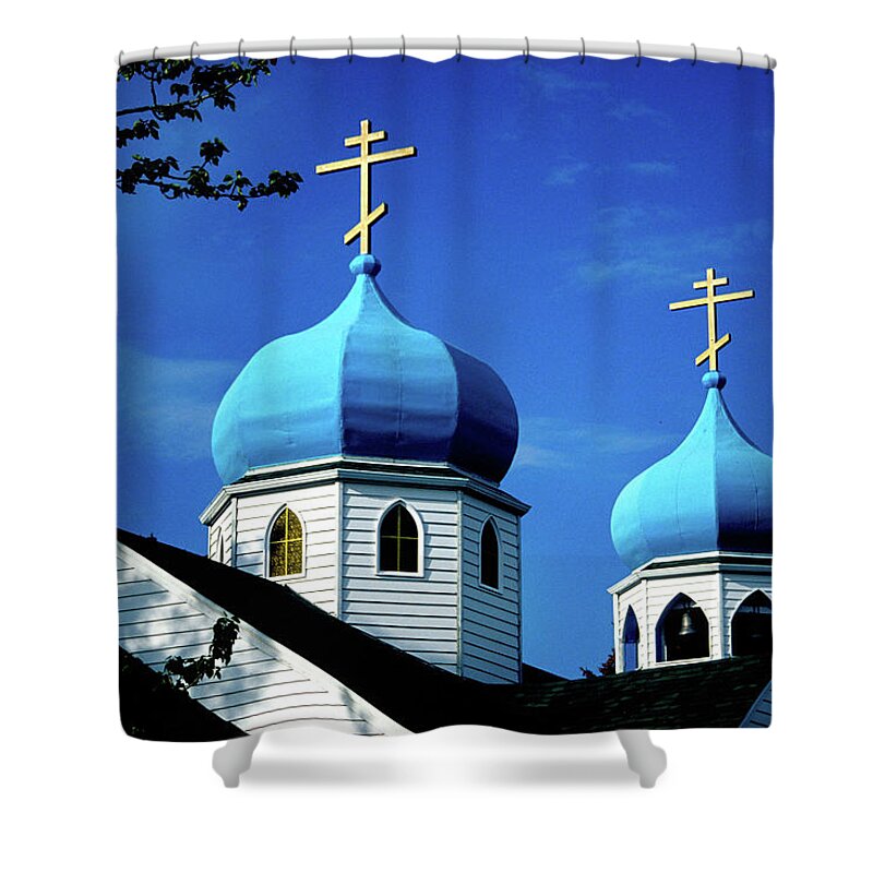 Russian Church Shower Curtain featuring the photograph Blue Domes by Jerry Griffin