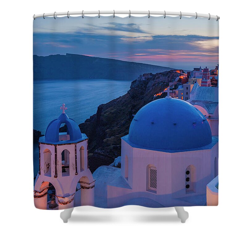 Aegean Sea Shower Curtain featuring the photograph Blue Domes Of Santorini by Evgeni Dinev