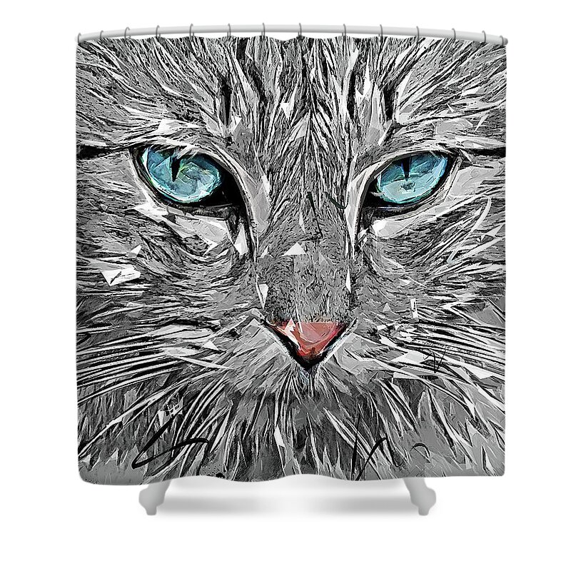 Blue Shower Curtain featuring the painting Blue Eyes Elegant Norwegian Forest Cat by Custom Pet Portrait Art Studio