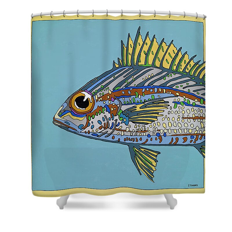 Blue Fish Ocean Salt Water Shower Curtain featuring the painting Blue Fish by Mike Stanko