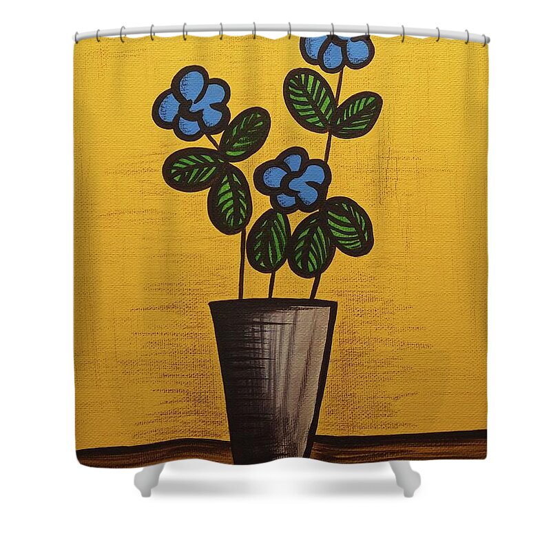 Mid Century Modern Shower Curtain featuring the mixed media Blue Flower Still Life Painting by Donna Mibus