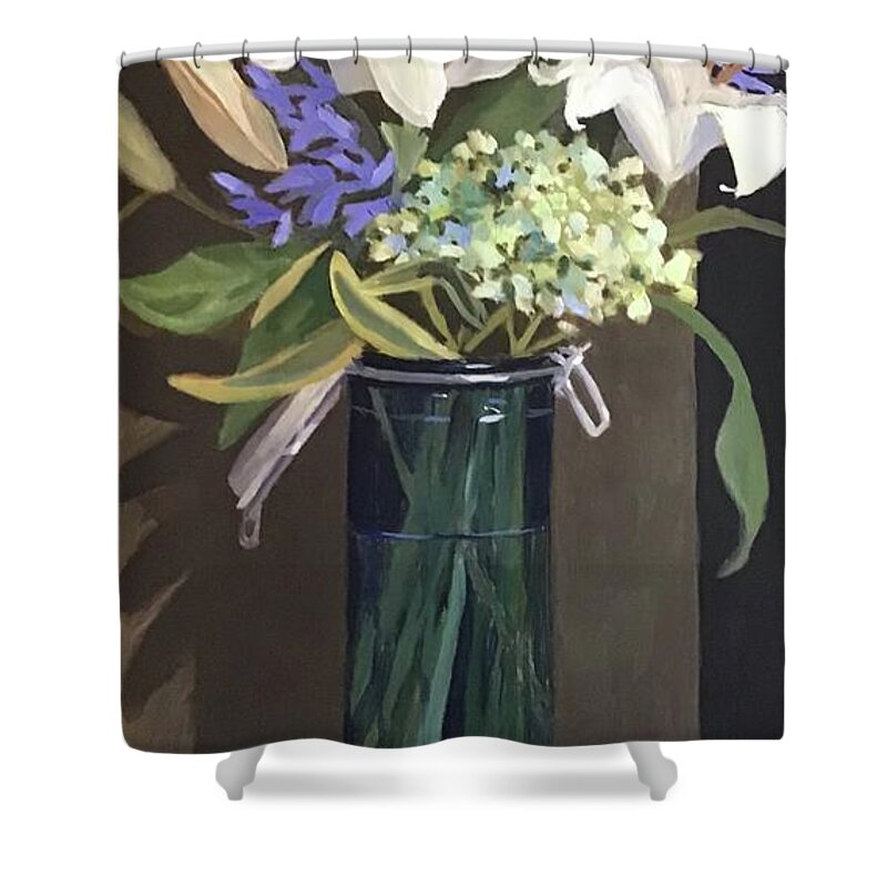 Lily Shower Curtain featuring the painting Blue Glass Canister with Lillies by Anne Marie Brown