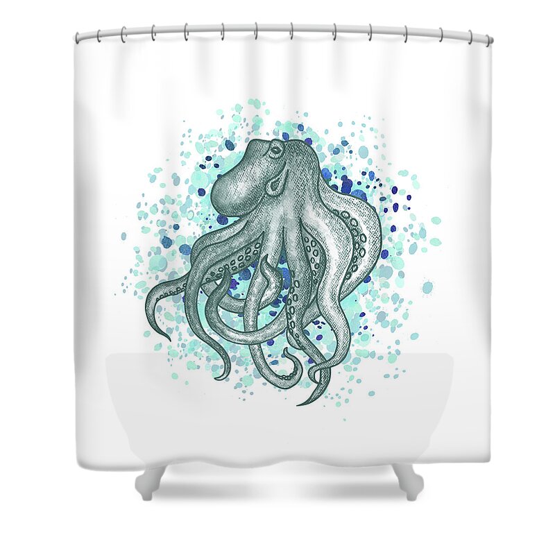 Octopus Shower Curtain featuring the painting Blue Gray Watercolor Octopus On A Splash Of Teal Water Beach Art by Irina Sztukowski