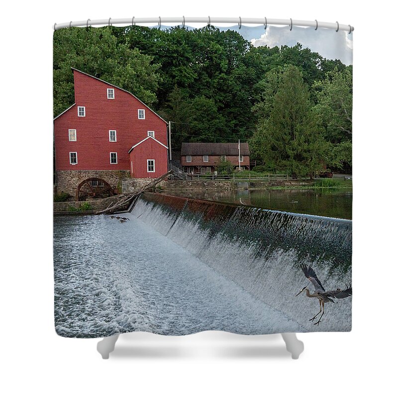 Clinton Red Mill Shower Curtain featuring the photograph Blue Heron at Clinton Red Mill by GeeLeesa
