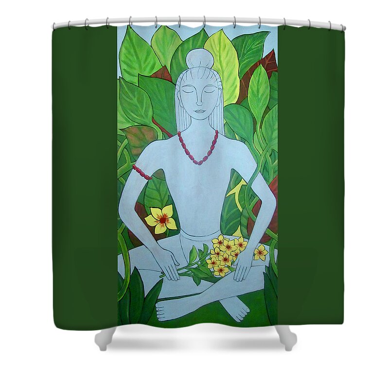 Buddha Shower Curtain featuring the painting Blue Idol by Stephanie Moore