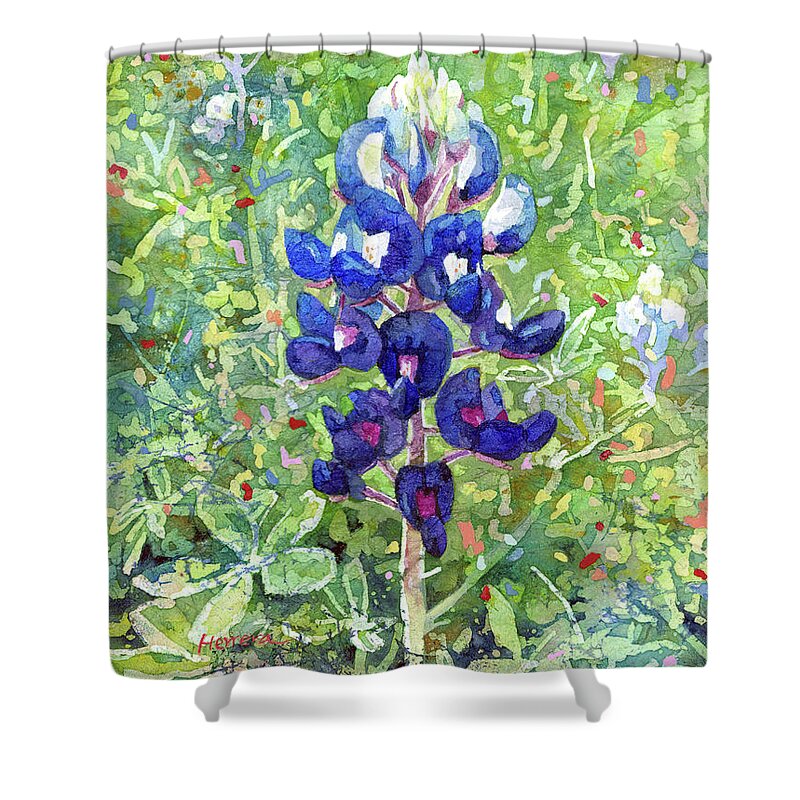 Bluebonnet Shower Curtain featuring the painting Blue in Bloom 2-pastel colors by Hailey E Herrera