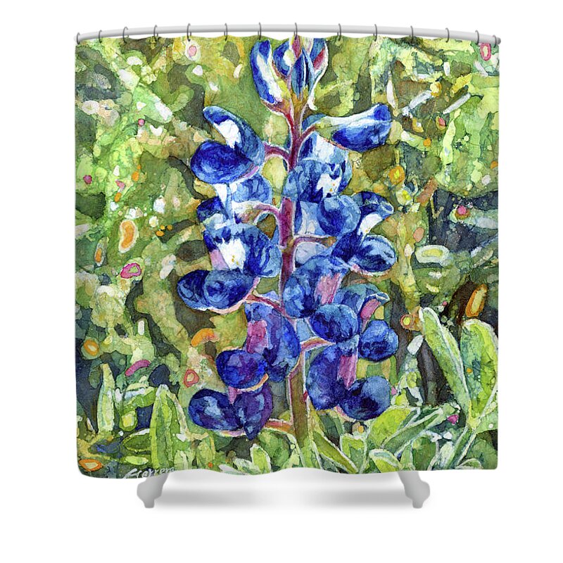 Bluebonnet Shower Curtain featuring the painting Blue in Bloom-pastel colors by Hailey E Herrera
