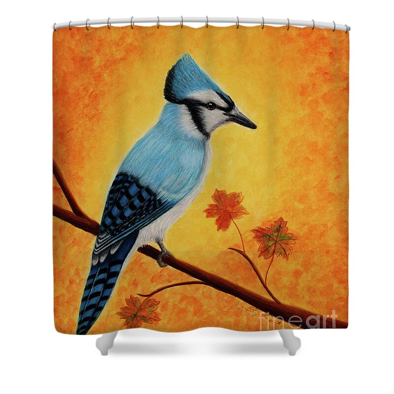 Dorothy Lee Art Shower Curtain featuring the painting Blue Jay In Autumn by Dorothy Lee