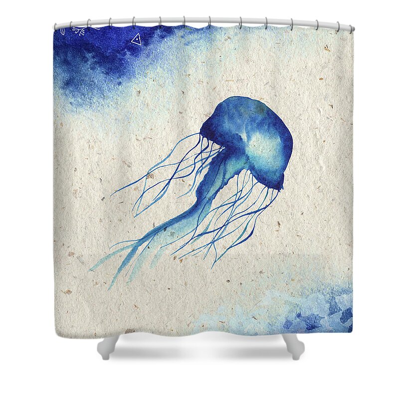 Blue Jellyfish Shower Curtain featuring the painting Blue Jellyfish by Garden Of Delights
