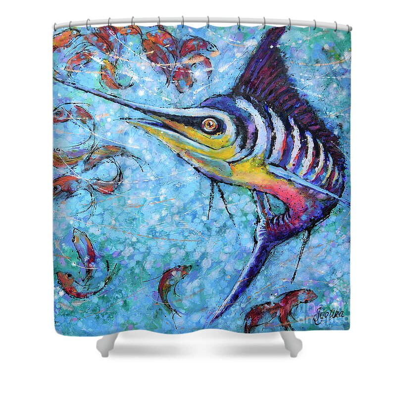 Blue Marlin Shower Curtain featuring the painting Blue Marlin Hunting by Jyotika Shroff