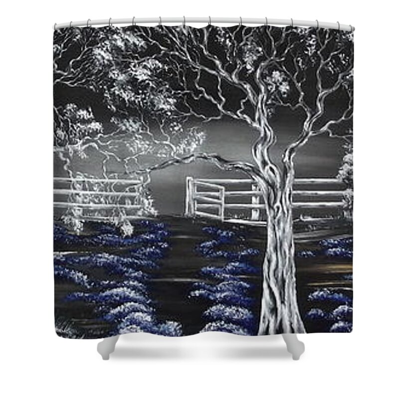 Trees Shower Curtain featuring the painting Blue Medadow by Kenneth Clarke