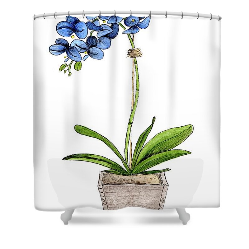 Blue Mystique Orchids Shower Curtain featuring the painting Blue Mystique Orchids in Wood Planter by Donna Mibus