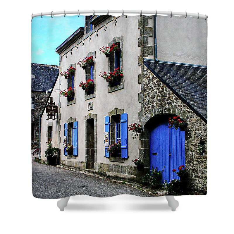 France Shower Curtain featuring the photograph Blue on brick by Jim Feldman