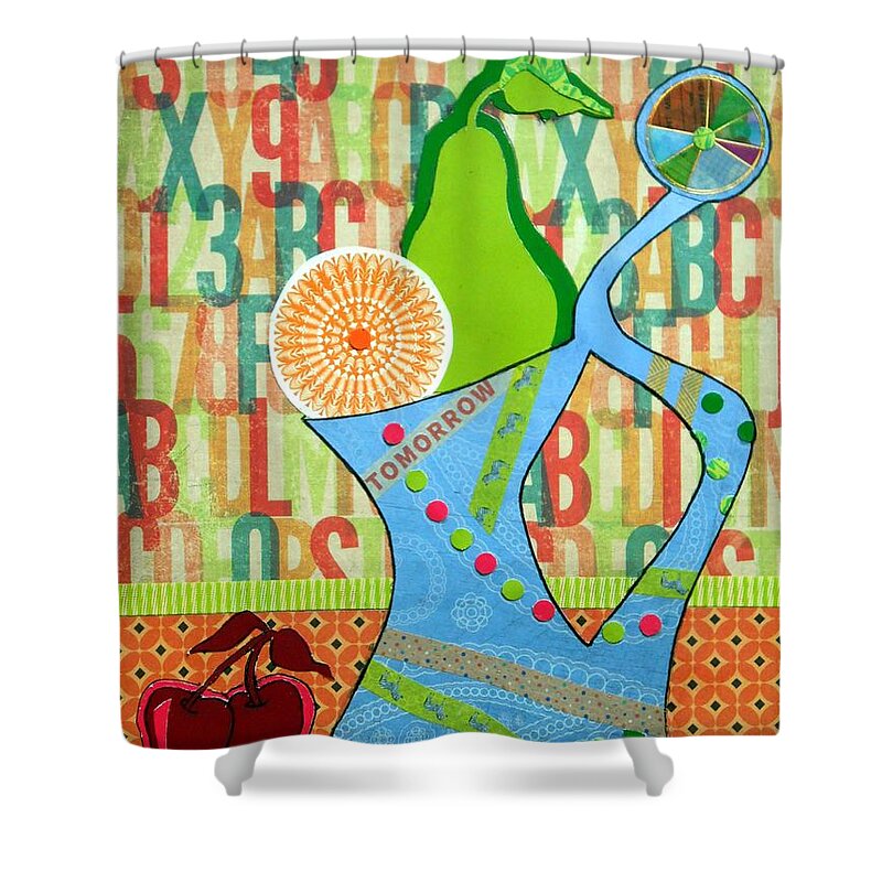 Fruit Shower Curtain featuring the mixed media Blue Pitcher with Pear by Jayne Somogy