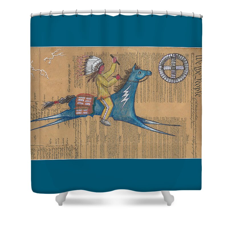 Ledger Art Shower Curtain featuring the drawing Blue Pony on Constitution by Robert Running Fisher Upham