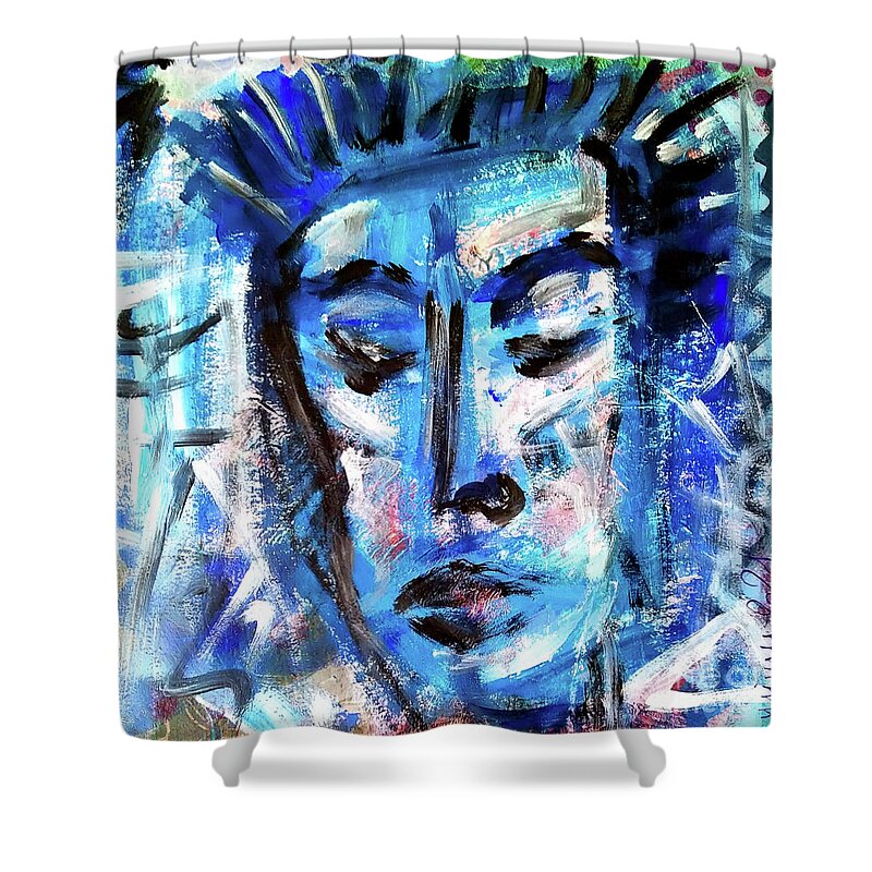 Blue Shower Curtain featuring the mixed media Blue Portrait by Mimulux Patricia No
