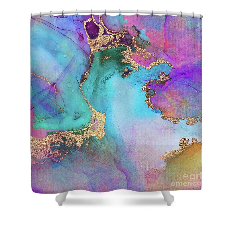 Abstract Art Shower Curtain featuring the painting Blue, Purple And Gold Abstract Watercolor by Modern Art
