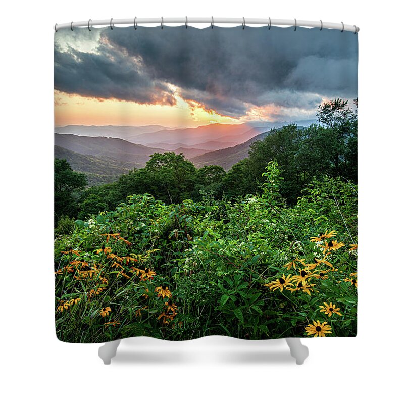 Evening Shower Curtain featuring the photograph Blue Ridge Parkway Asheville NC Wildflower Sunset Scenic by Robert Stephens