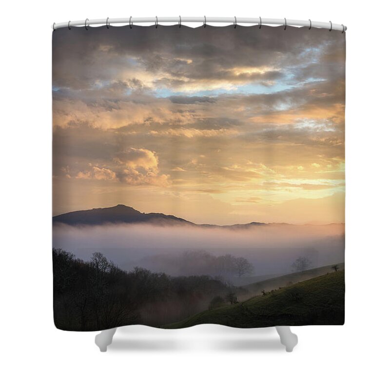 Sunset Shower Curtain featuring the photograph Blue Ridge Parkway golden glow at Moses Cone by Tommy White