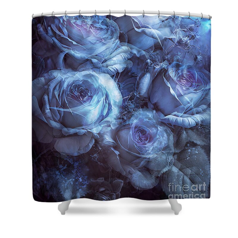 Blue Roses Art Shower Curtain featuring the mixed media Blue Roses Art by Shanina Conway