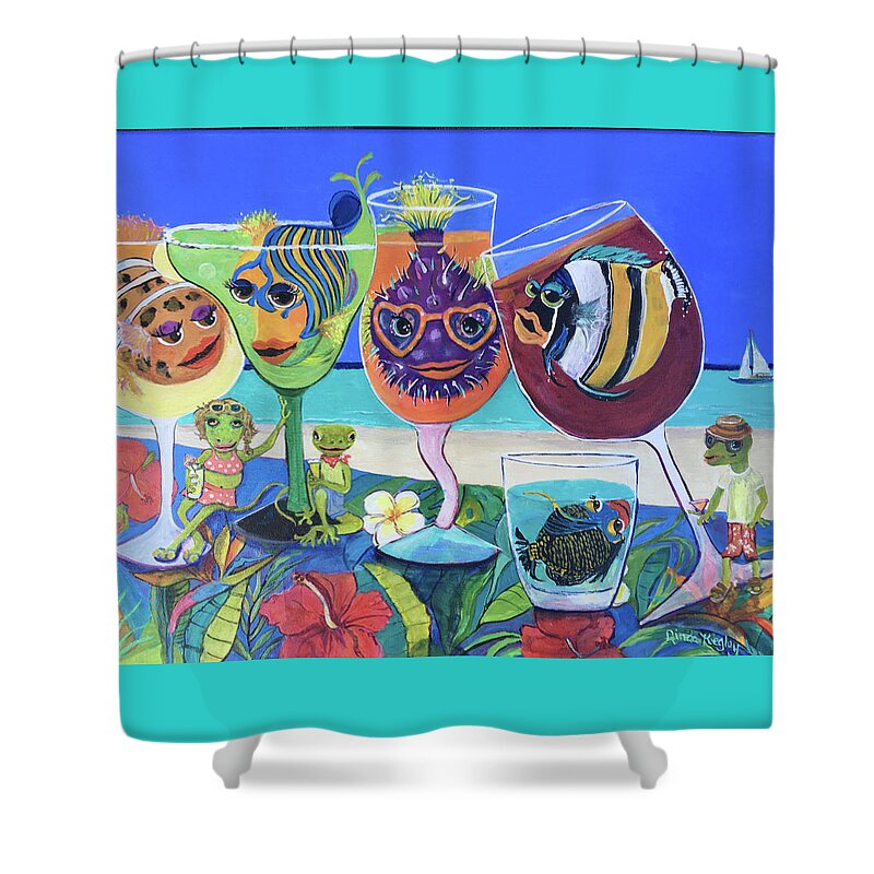 Fish In Cocktails Shower Curtain featuring the painting Blue Sky Beach Party by Linda Kegley